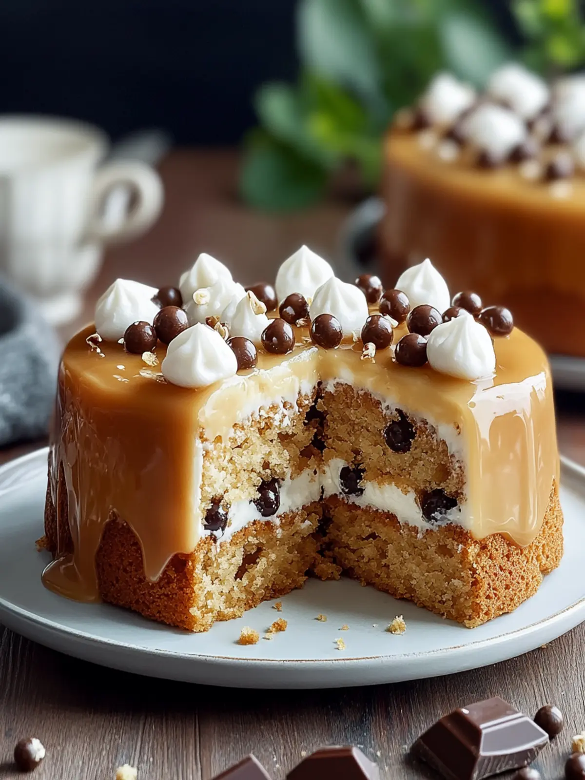Soft and Moist Coffee Cake with Coffee Glaze and Chocolate Pearls