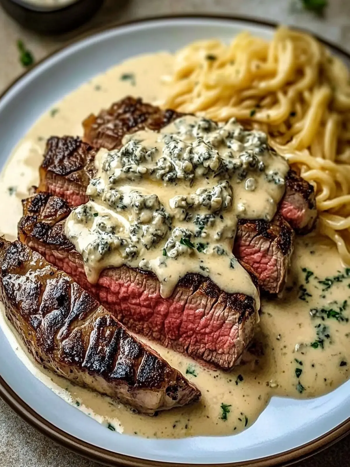 Succulent Pan-Seared New York Strip Steak with Gorgonzola Sauce 2 Succulent Pan-Seared New York Strip Steak Topped with Luscious Gorgonzola Cream Sauce