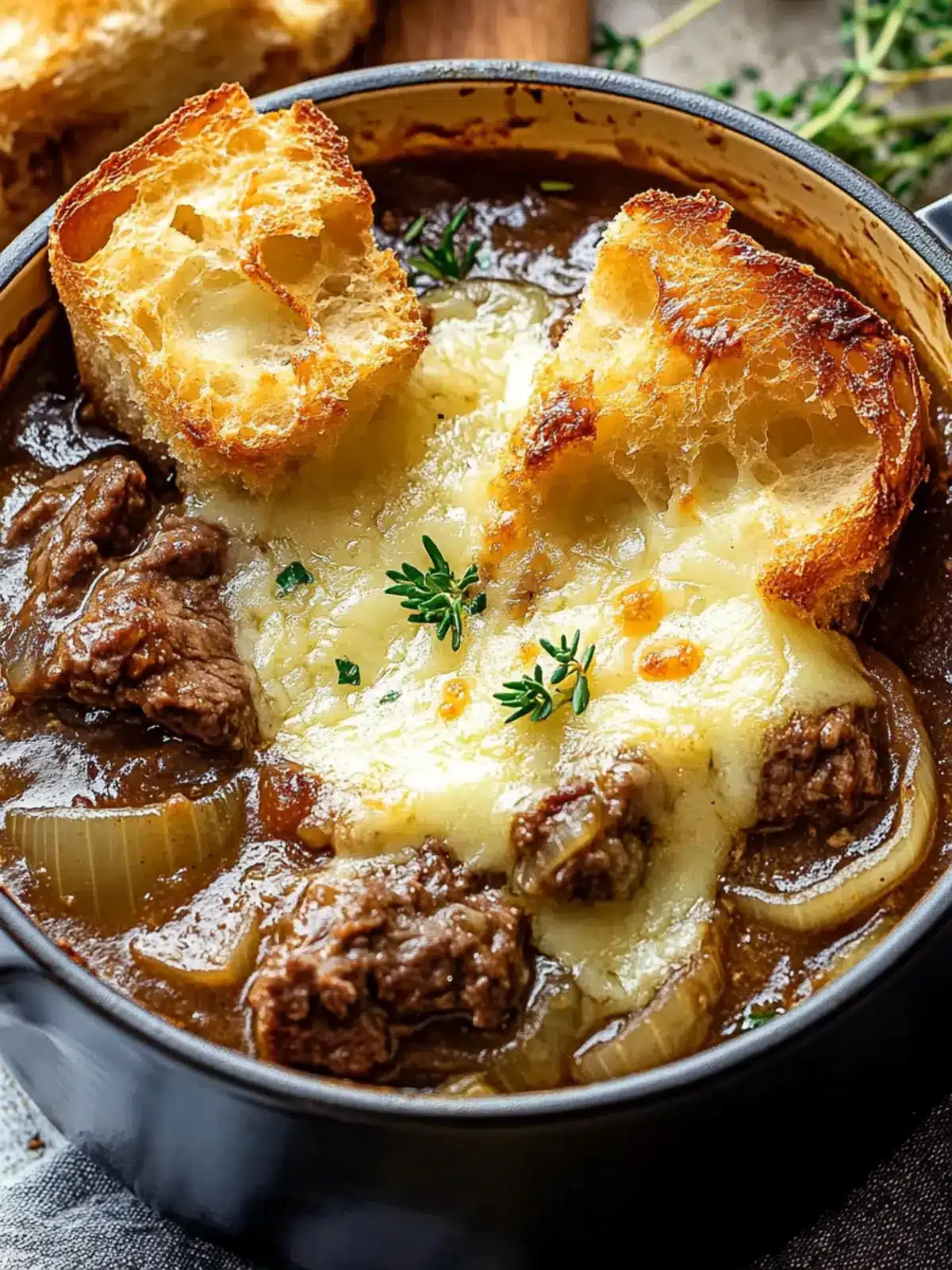 Savory French Onion Beef Stew with Cheesy Bread Bliss 2 French Onion Beef Stew with Cheesy Bread Topping
