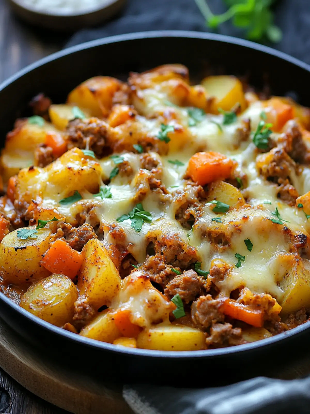 Hearty Potato & Vegetable Skillet Bake with Spiced Minced Meat and Melty Cheeses