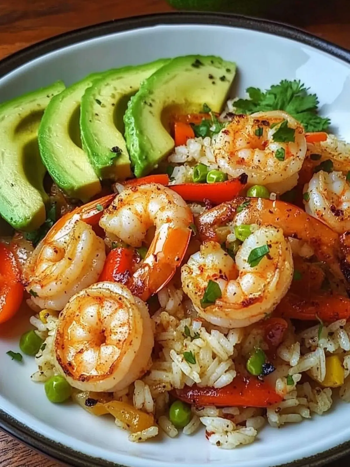 Savor Spicy Garlic Shrimp with Veggie Rice & Avocado Bliss 2 Spicy Garlic Shrimp with Veggie Rice & Avocado Slices