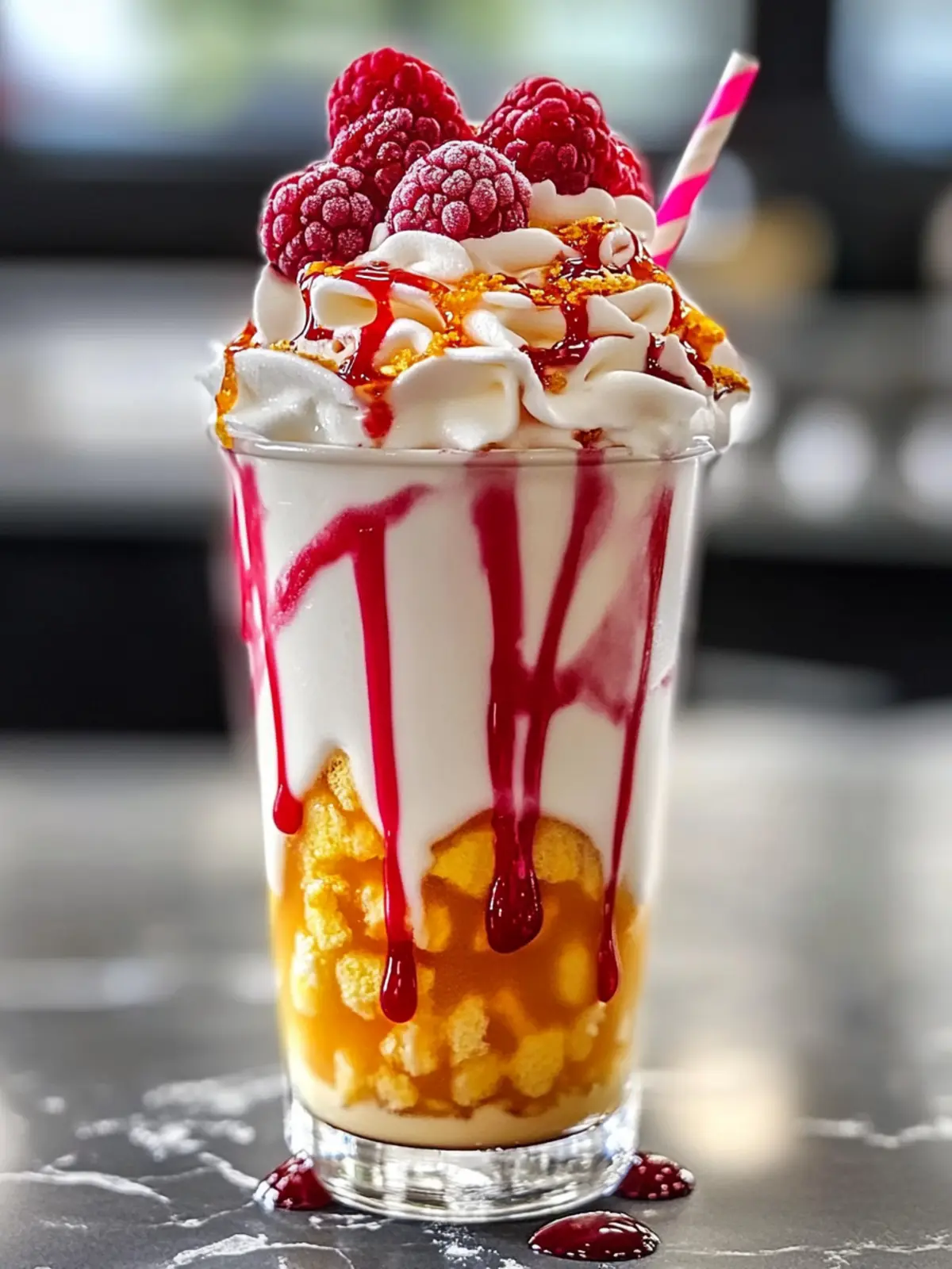 GOLDEN RASPBERRY CHEESECAKE MILKSHAKE WITH WHIPPED CREAM AND DRIZZLE