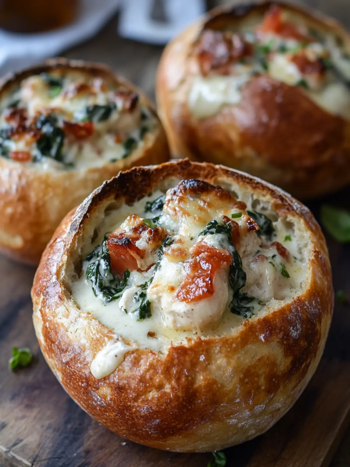 BREAD BOWLS FILLED WITH CREAMY GARLIC PARMESAN CHICKEN, SPINACH & SUN DRIED TOMATOES
