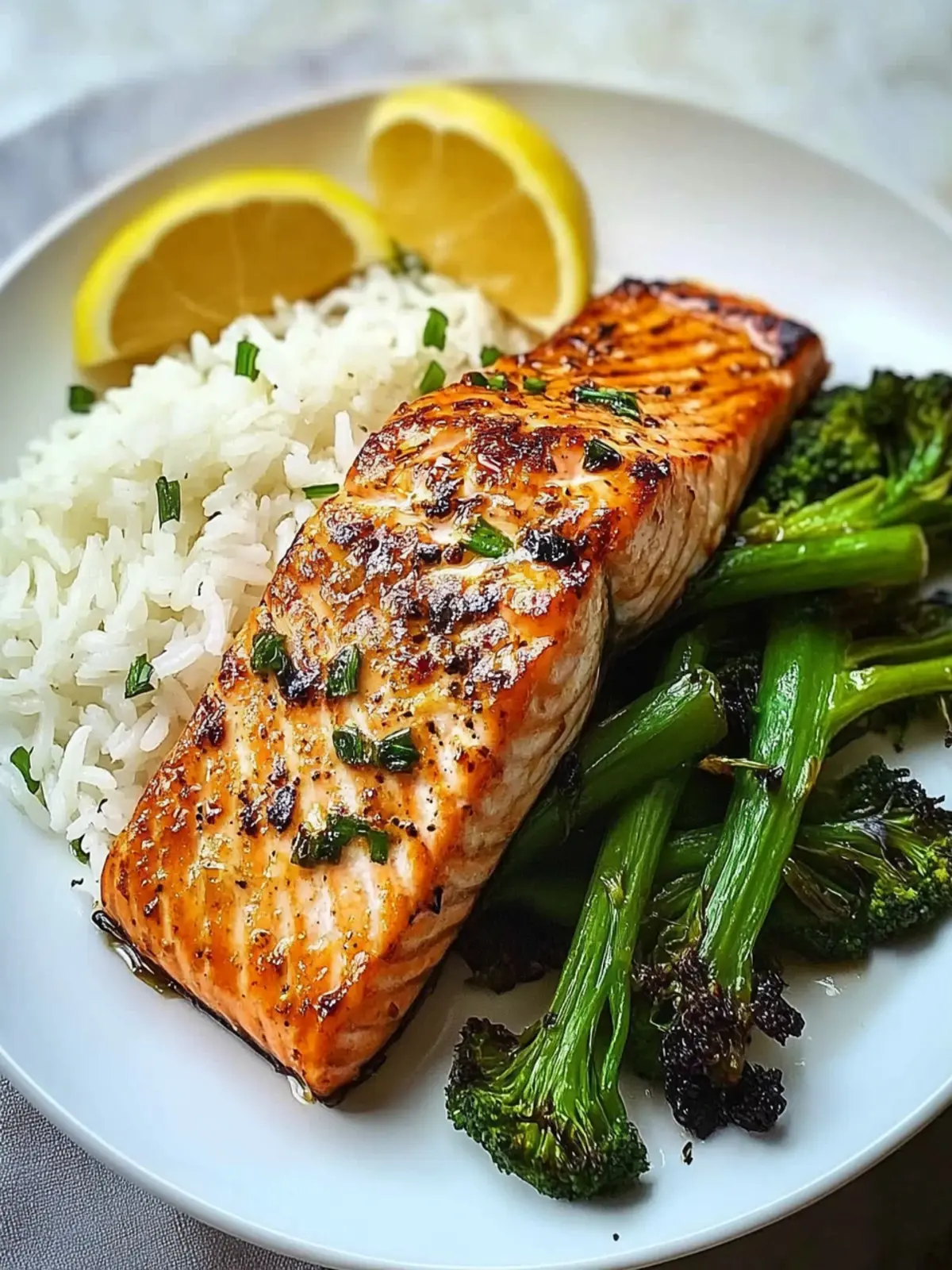 Spicy Honey-Garlic Salmon with Rice & Roasted Greens Bliss 4 [Spicy Honey-Garlic Salmon with Steamed Rice & Roasted Greens