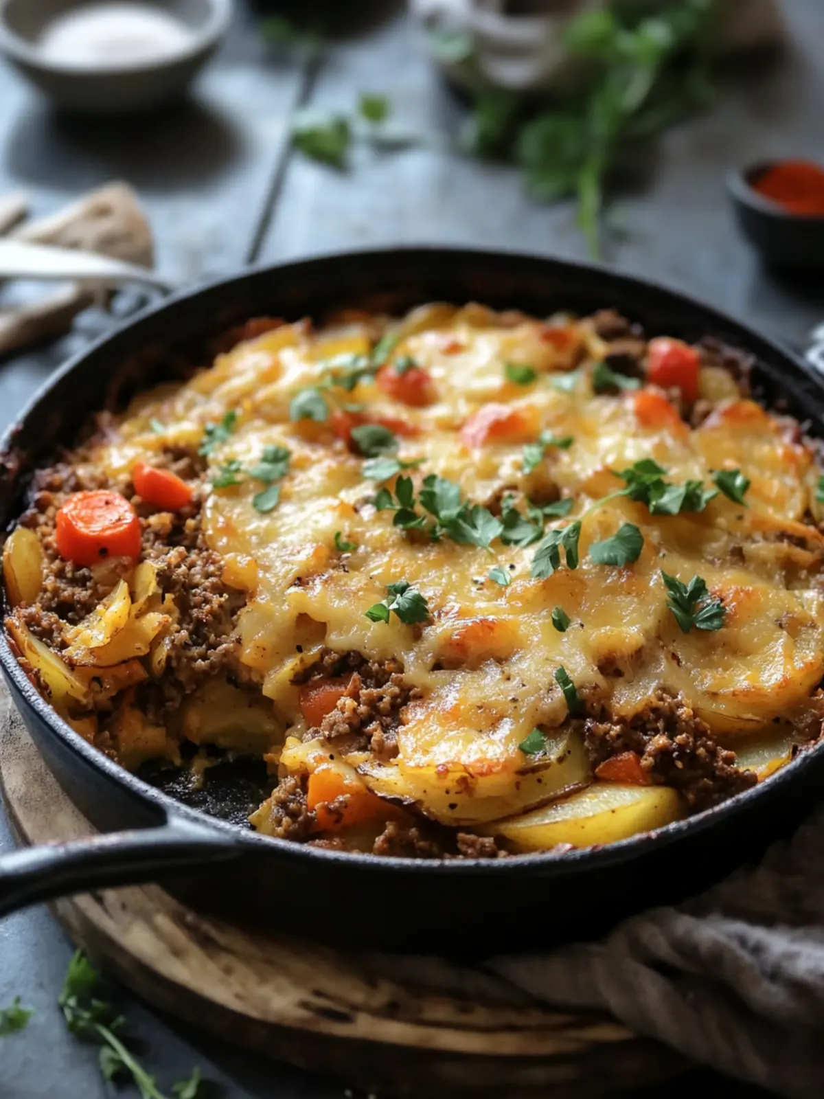 Hearty Potato & Vegetable Skillet Bake with Spiced Minced Meat and Melty Cheeses