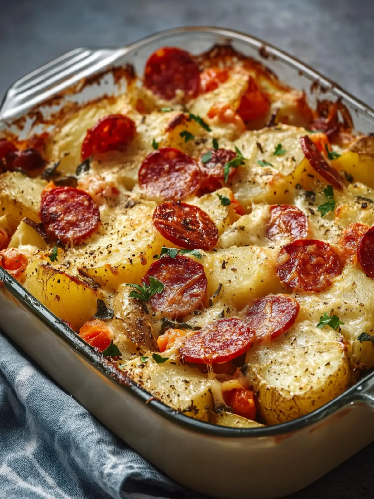 Comforting Baked Potato and Vegetable Casserole with Salami 4 Baked Potato and Vegetable Casserole with Smoked Salami and Creamy Tomato Sauce