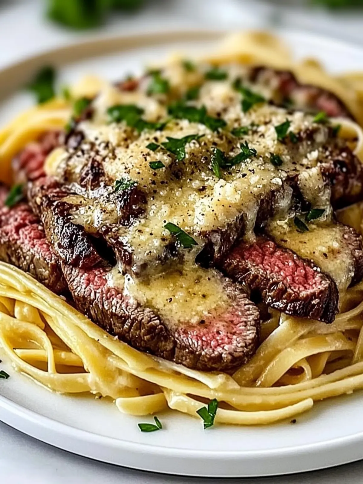 Juicy Garlic Butter Steak Pasta with Parmesan Linguine