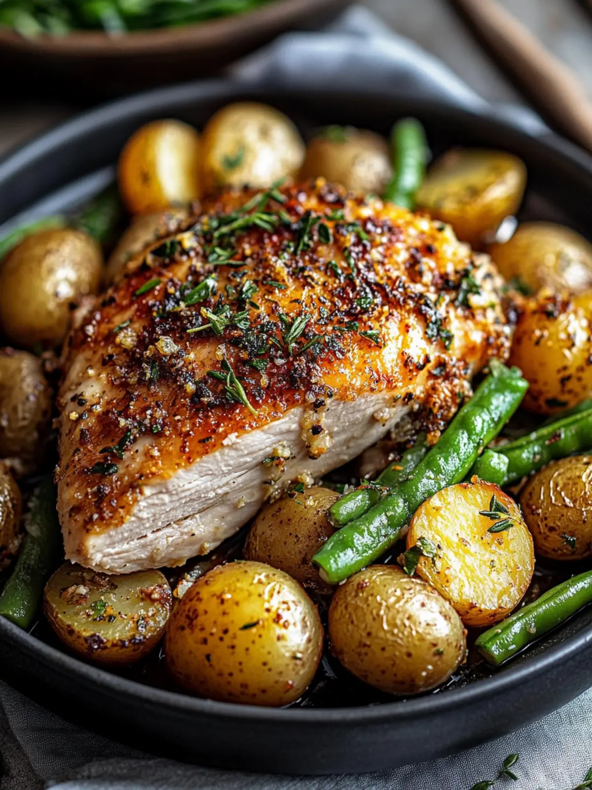 Savory Herb Chicken with Green Beans & Garlic Potatoes Delight 3 HERB CHICKEN WITH GREEN BEANS & GARLIC POTATOES