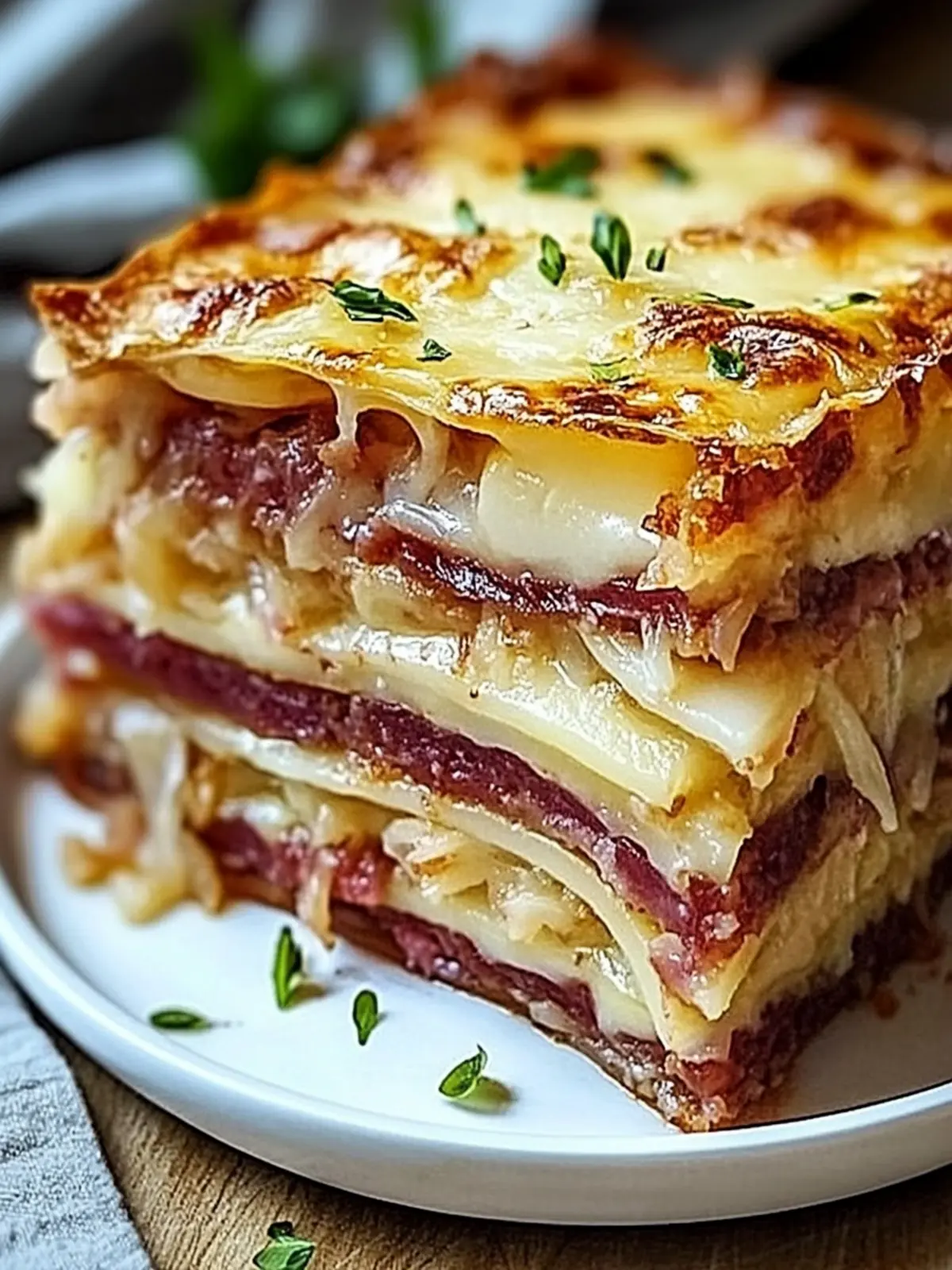 Golden Crispy Reuben Bake with Pastrami & Swiss Delight 4 Golden Crispy Reuben Bake with Layers of Pastrami, Sauerkraut, and Swiss Cheese