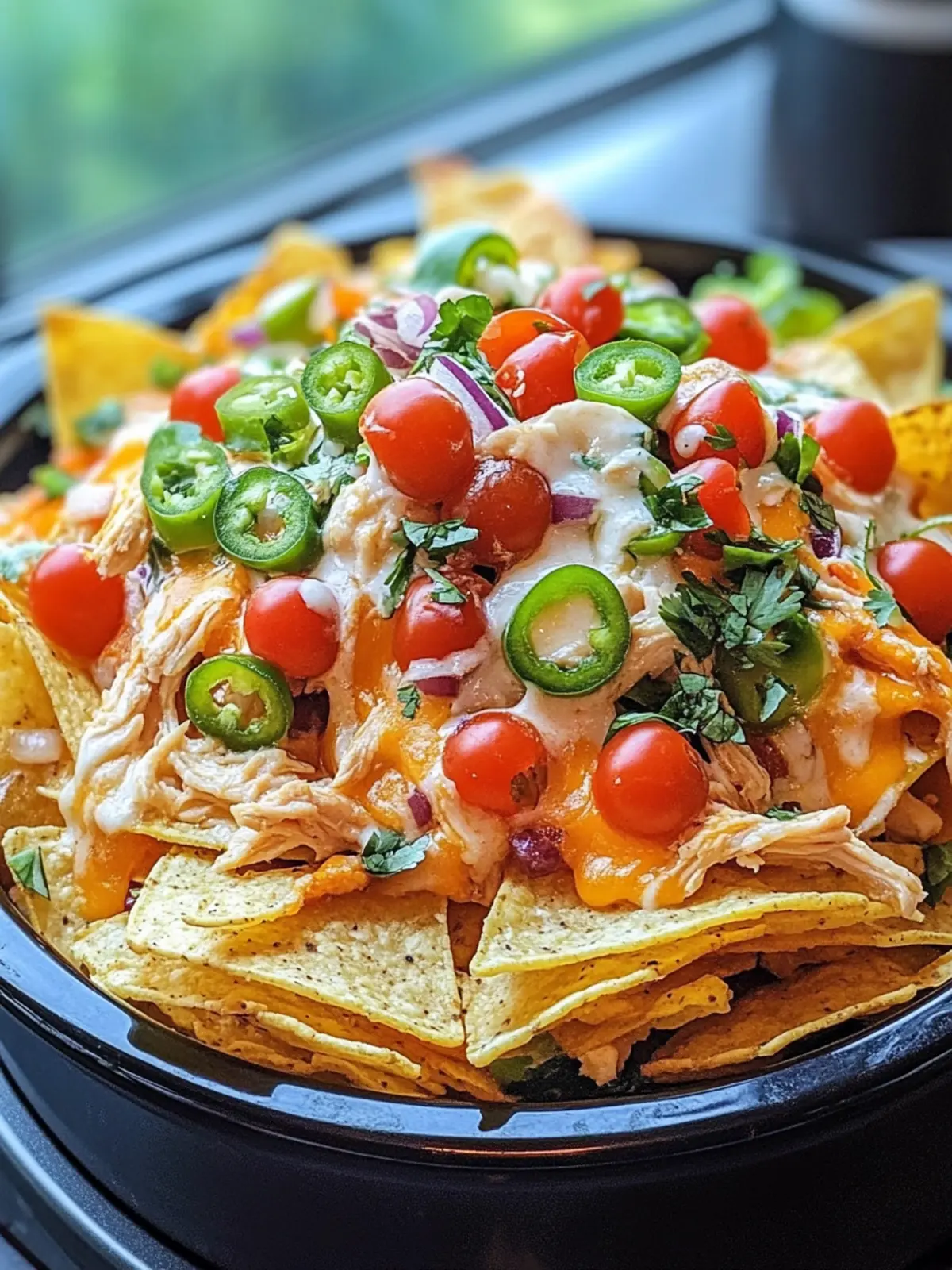 CROCKPOT CREAMY CHICKEN NACHOS WITH CHEESE DRESSING