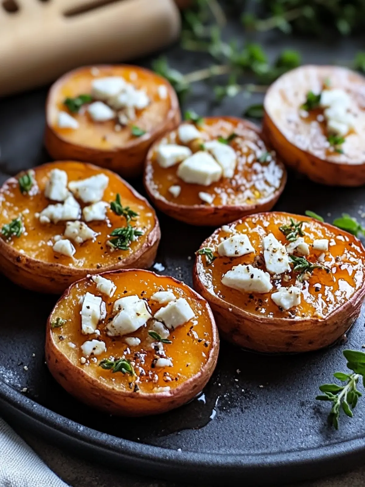Roasted Sweet Potato Rounds with Honey and Feta Bliss 4 ROASTED SWEET POTATO ROUNDS WITH HONEY AND FETA