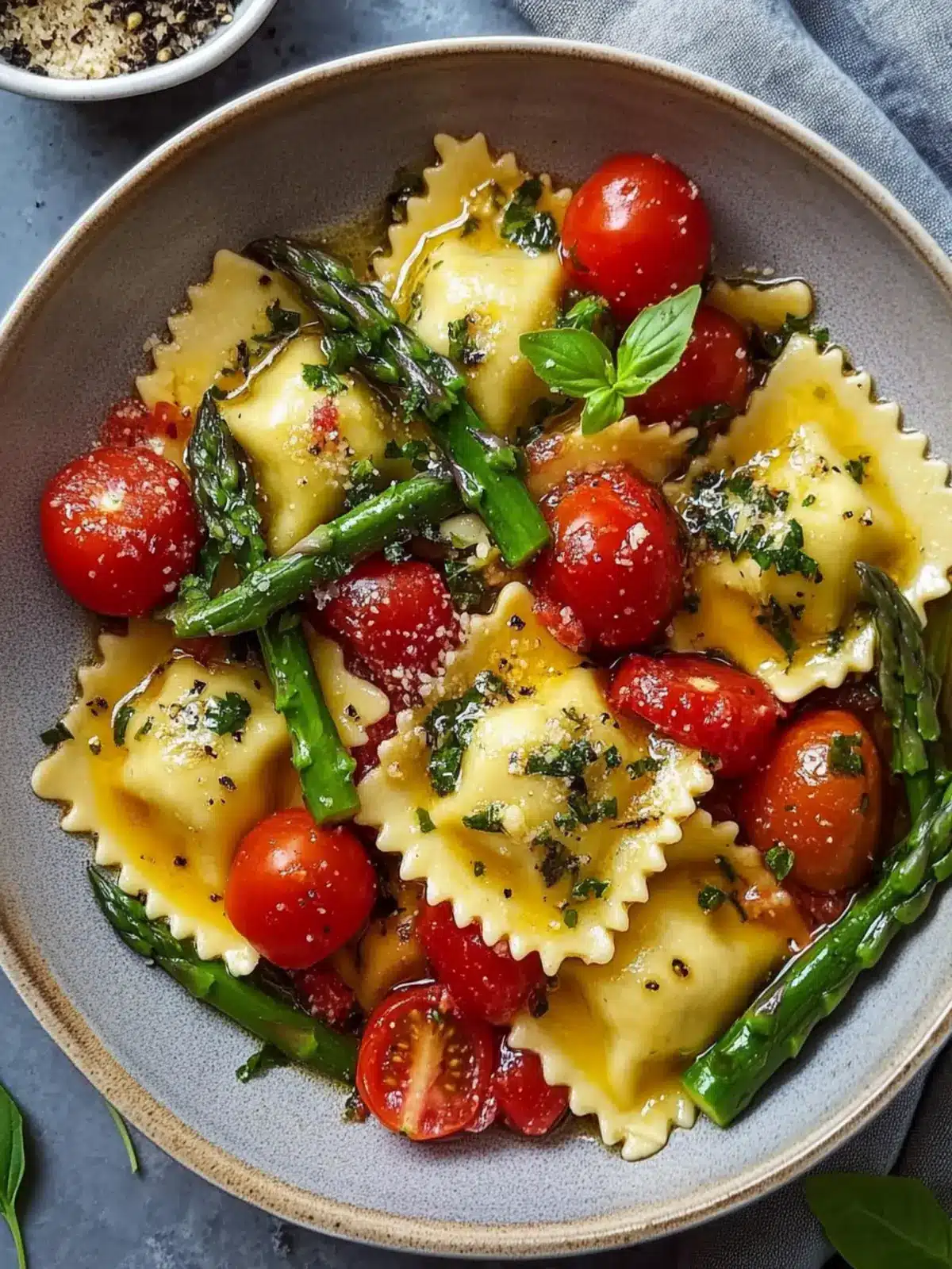 Ravioli with Tomatoes, Asparagus, Garlic, and Herbs