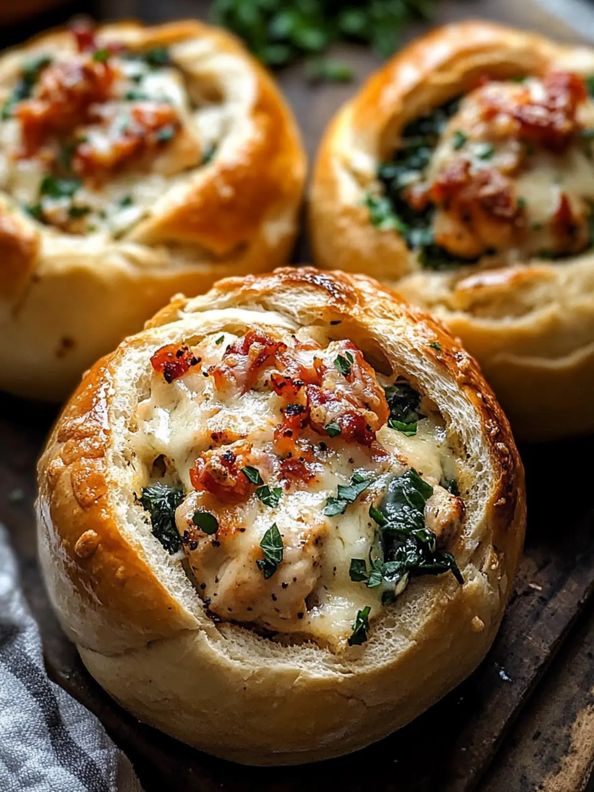 Heavenly Bread Bowls Filled with Creamy Garlic-Parmesan Chicken 3 BREAD BOWLS FILLED WITH CREAMY GARLIC PARMESAN CHICKEN, SPINACH & SUN DRIED TOMATOES