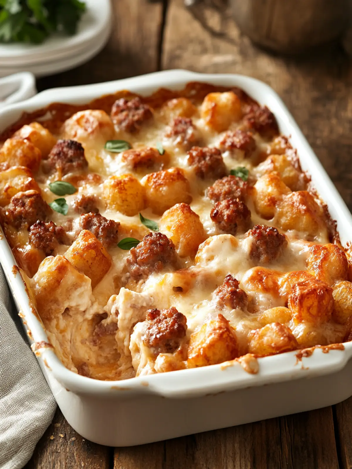 Cheesy Sausage & Tater Tot Breakfast Bake for Weekend Bliss 2 Cheesy Sausage & Tater Tot Breakfast Bake with Creamy Layers