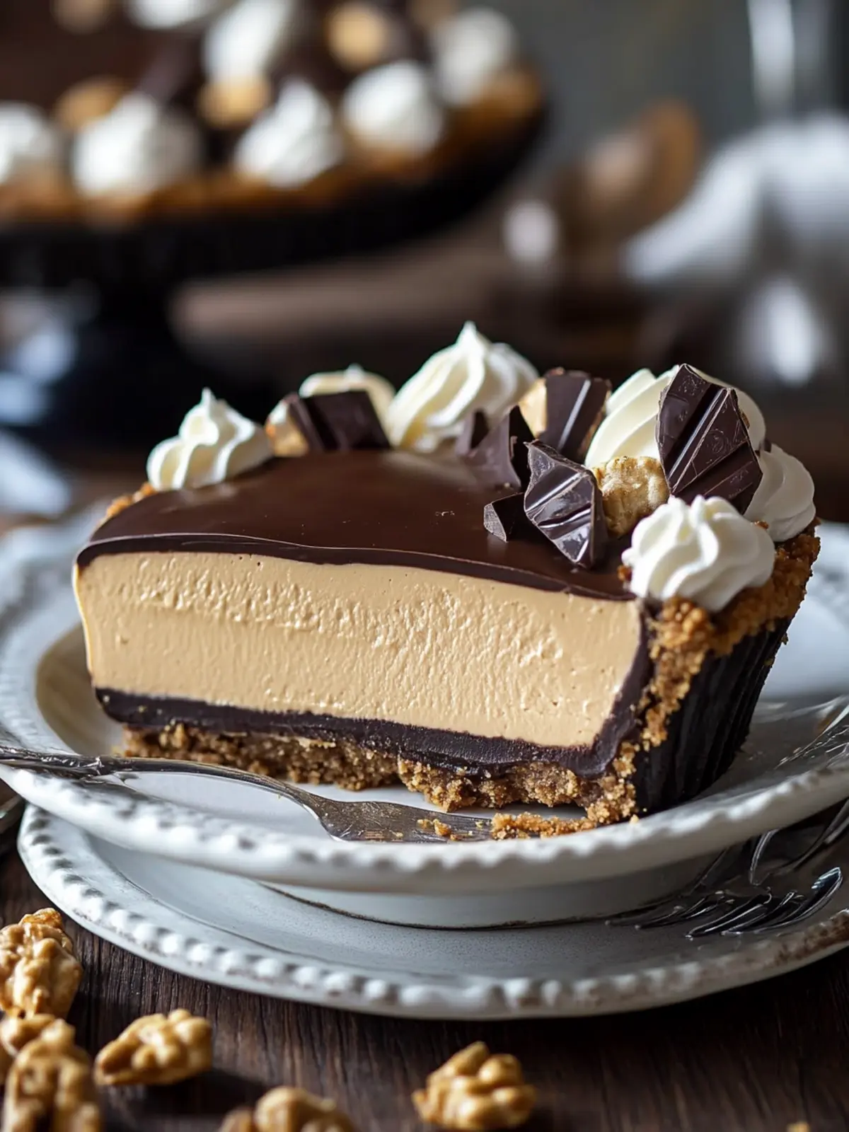 Luscious Peanut Butter Mousse Pie with Chocolate Ganache & Cookie Crust