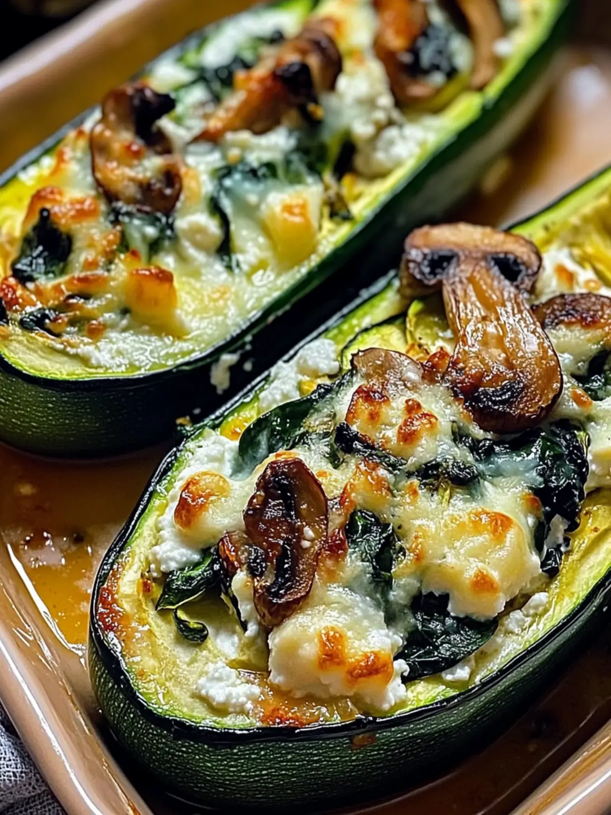 Golden Mediterranean Zucchini Boats with Ricotta, Spinach & Mushrooms