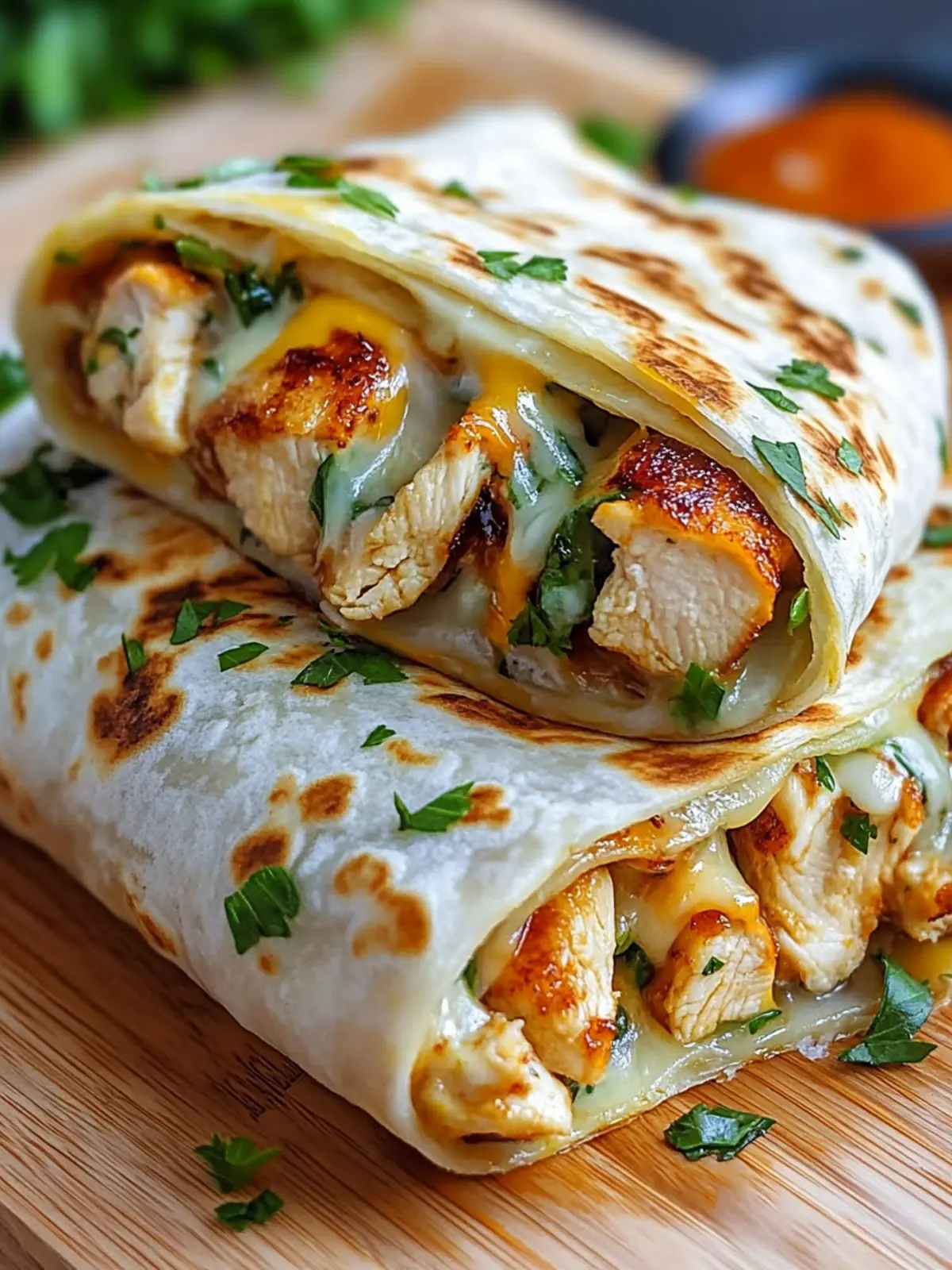 Ooey-Gooey Cheesy Garlic Chicken Wraps