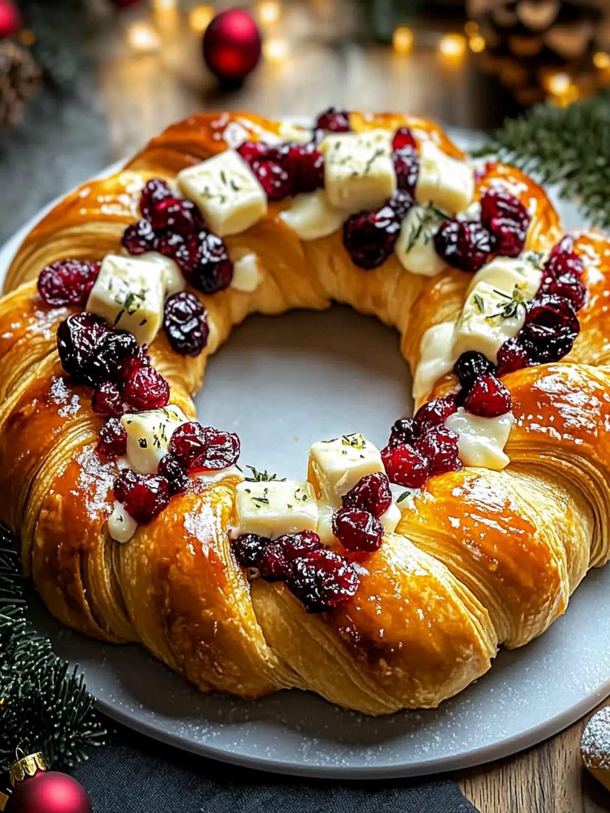 Golden Holiday Crescent Wreath Stuffed with Creamy Brie and Tart Cranberries