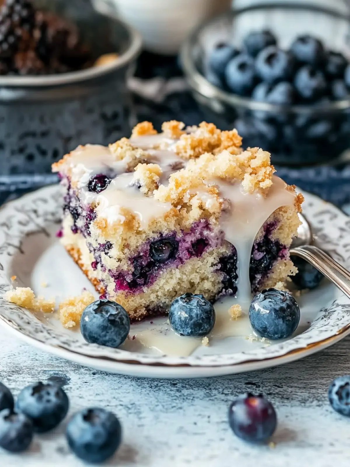 Blueberry Muffin Cake with a Streusel Topping & Vanilla Glaze