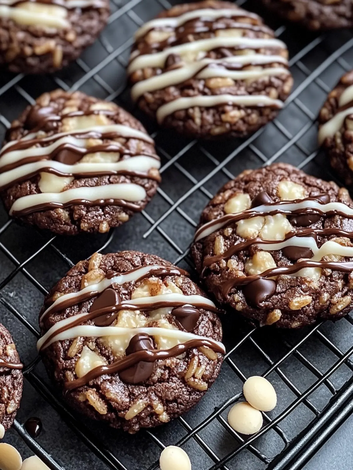 DOUBLE CHOCOLATE CHIP RICE KRISPIE COOKIES WITH A WHITE CHOCOLATE DRIZZLE