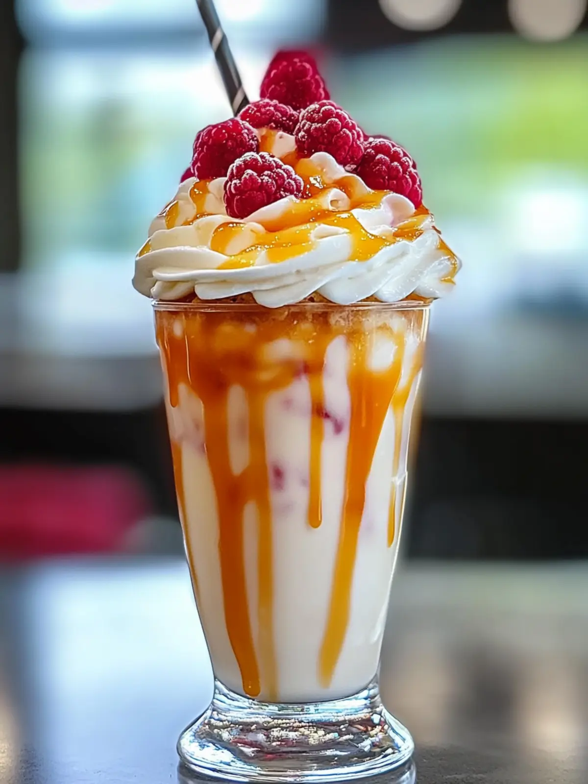 GOLDEN RASPBERRY CHEESECAKE MILKSHAKE WITH WHIPPED CREAM AND DRIZZLE
