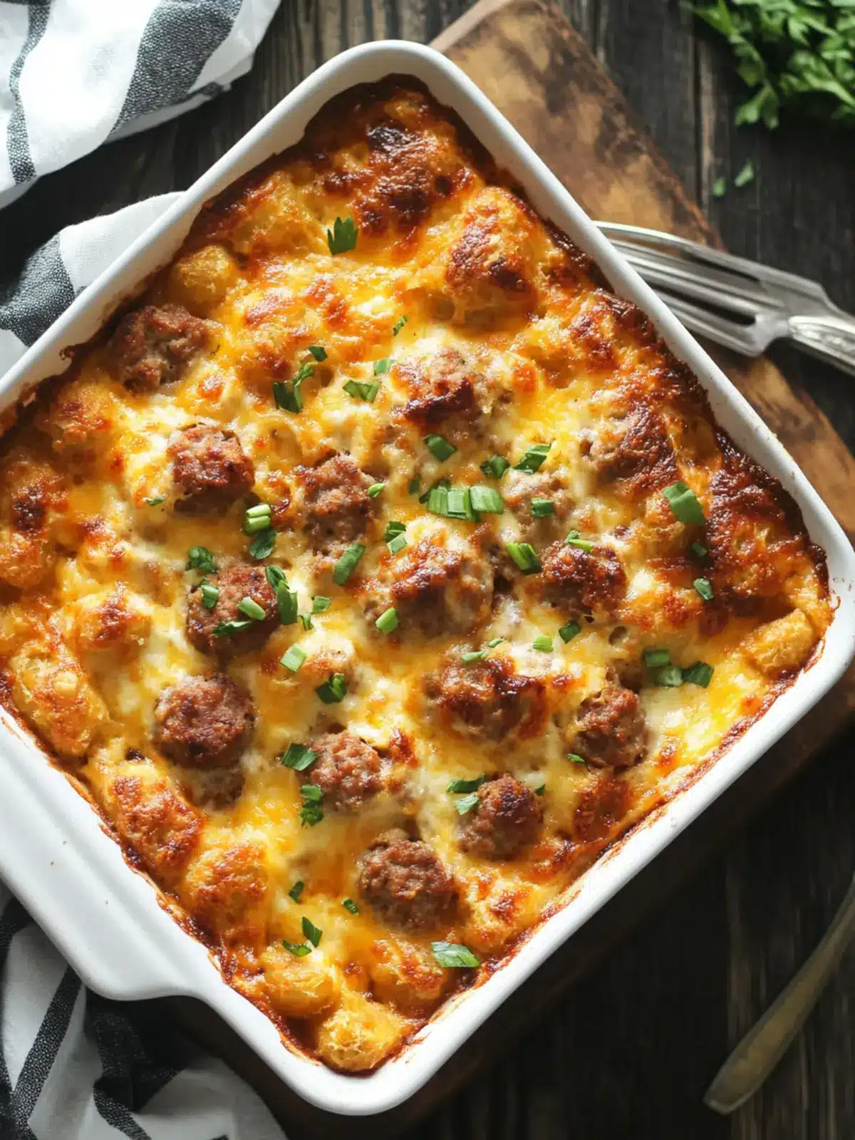 Cheesy Sausage & Tater Tot Breakfast Bake for Weekend Bliss 4 Cheesy Sausage & Tater Tot Breakfast Bake with Creamy Layers