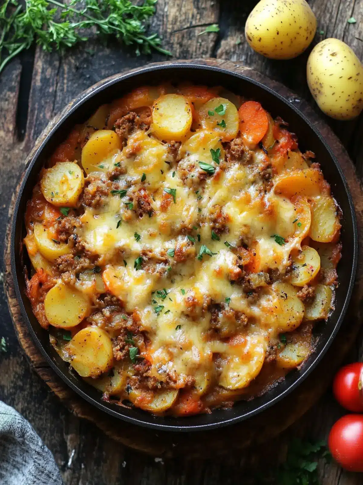 Hearty Potato & Vegetable Skillet Bake with Spiced Minced Meat and Melty Cheeses