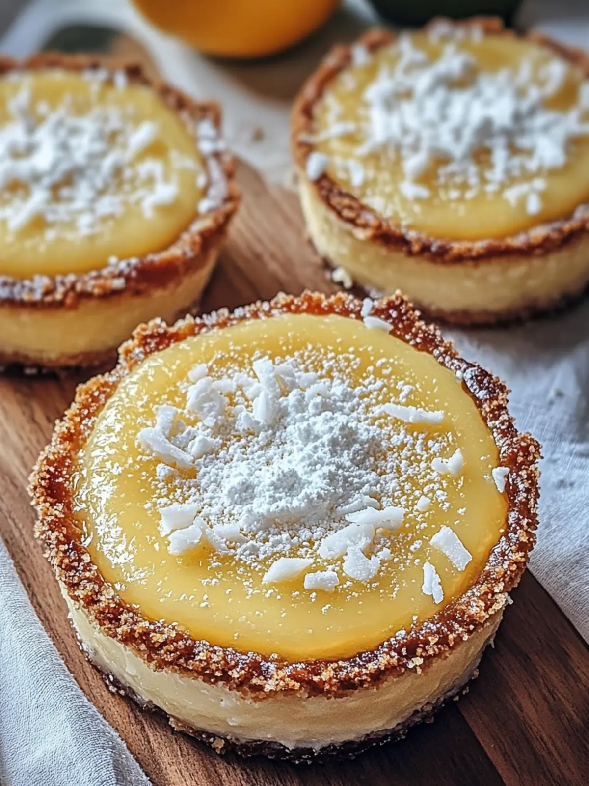 ZESTY LEMON COCONUT IMPOSSIBLE PIES WITH POWDERED SUGAR & TOASTED COCONUT