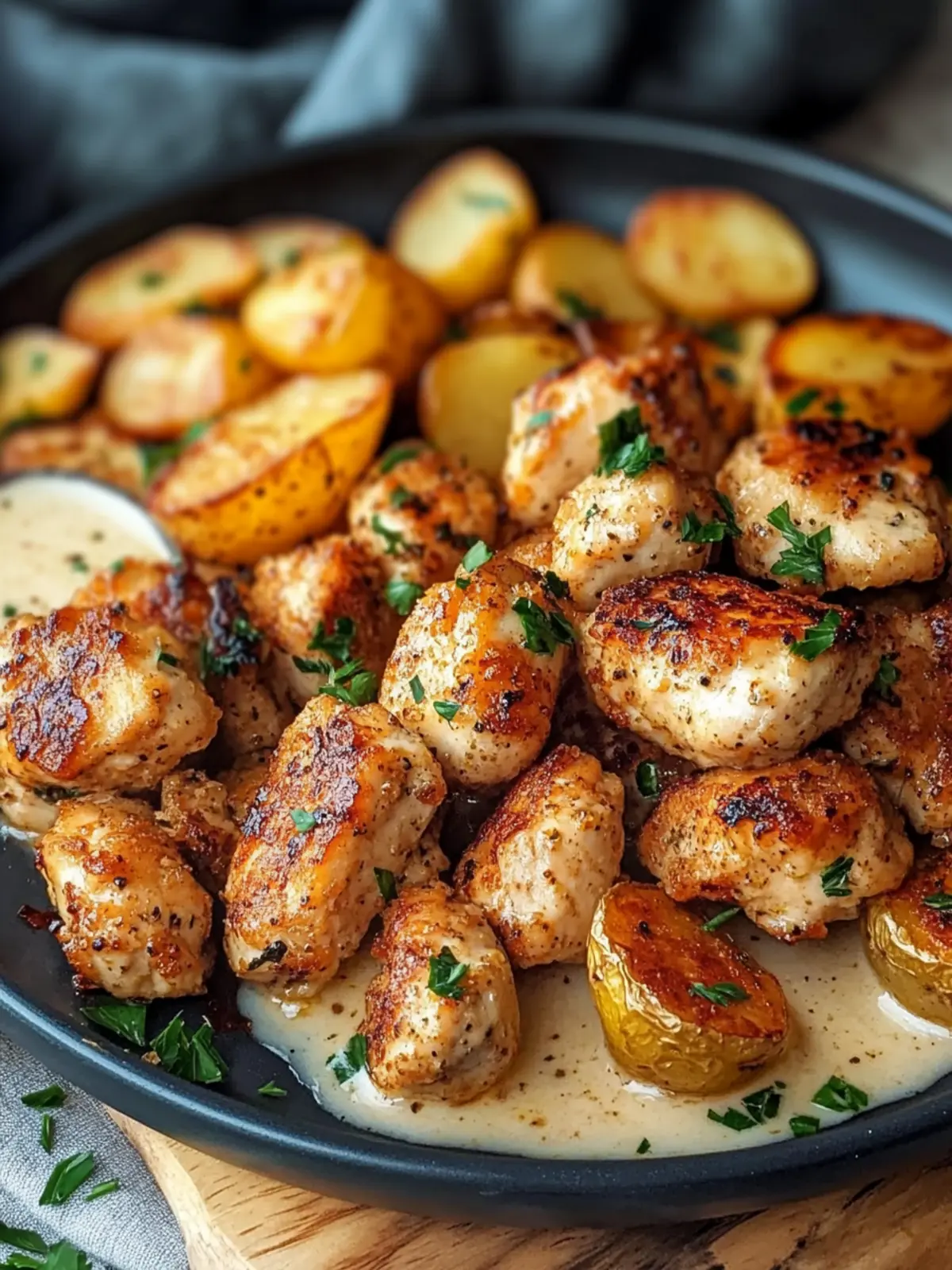 Savory Creamy Garlic Chicken Bites with Crispy Potatoes 2 Creamy Garlic Chicken Bites with Crispy Roasted Potatoes