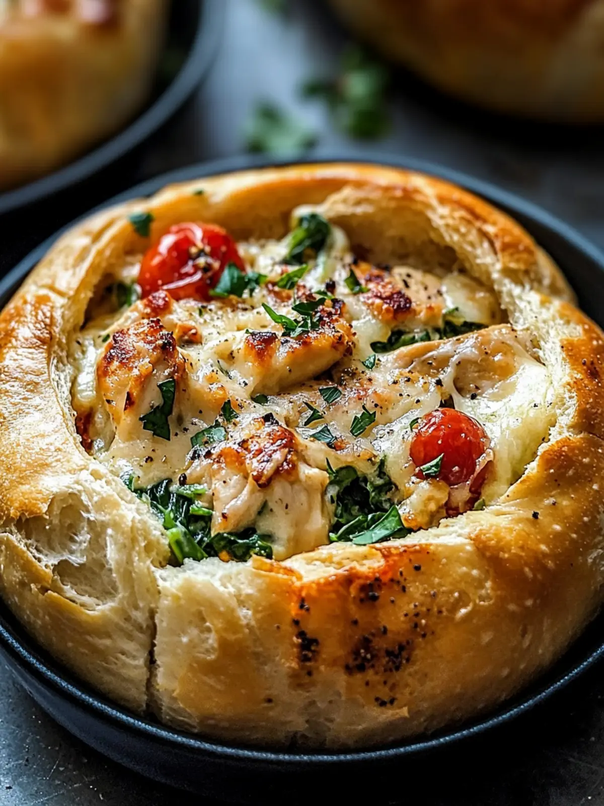 Heavenly Bread Bowls Filled with Creamy Garlic-Parmesan Chicken 4 BREAD BOWLS FILLED WITH CREAMY GARLIC PARMESAN CHICKEN, SPINACH & SUN DRIED TOMATOES