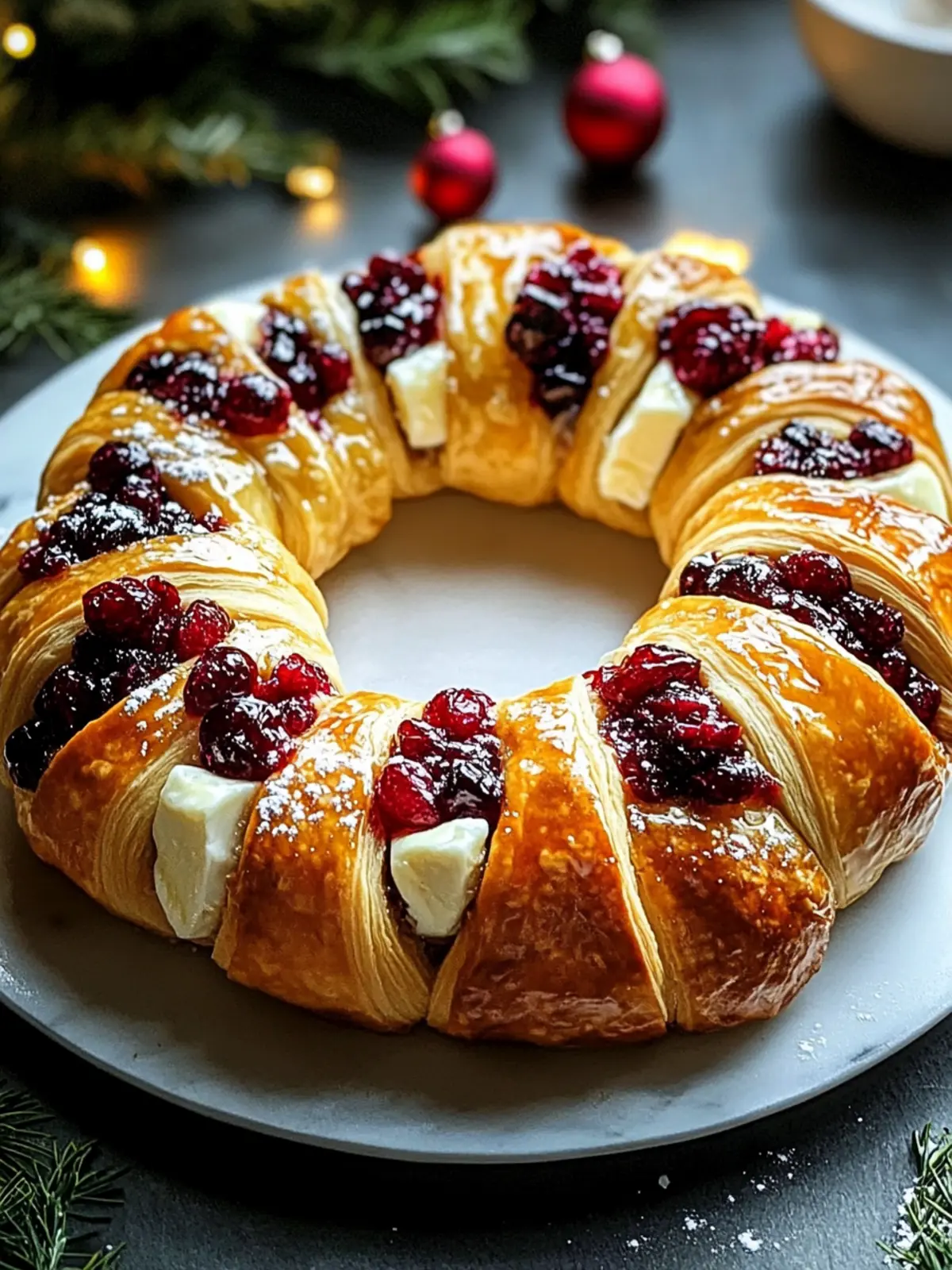 Golden Holiday Crescent Wreath Stuffed with Brie & Tart Cranberries 4 Golden Holiday Crescent Wreath Stuffed with Creamy Brie and Tart Cranberries
