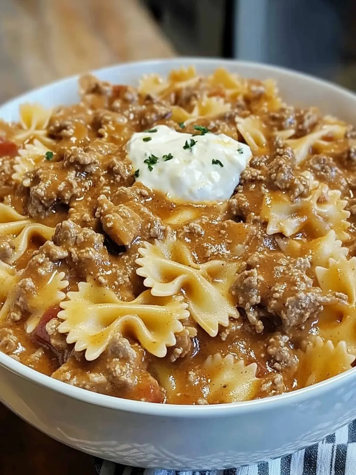 Creamy Velveeta Beef Sauce on Bowtie Pasta: Comfort Food Bliss 4 Bowtie Pasta with Creamy Velveeta Beef Sauce