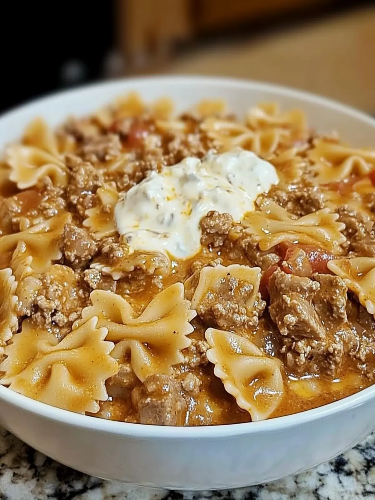 Creamy Velveeta Beef Sauce on Bowtie Pasta: Comfort Food Bliss 3 Bowtie Pasta with Creamy Velveeta Beef Sauce