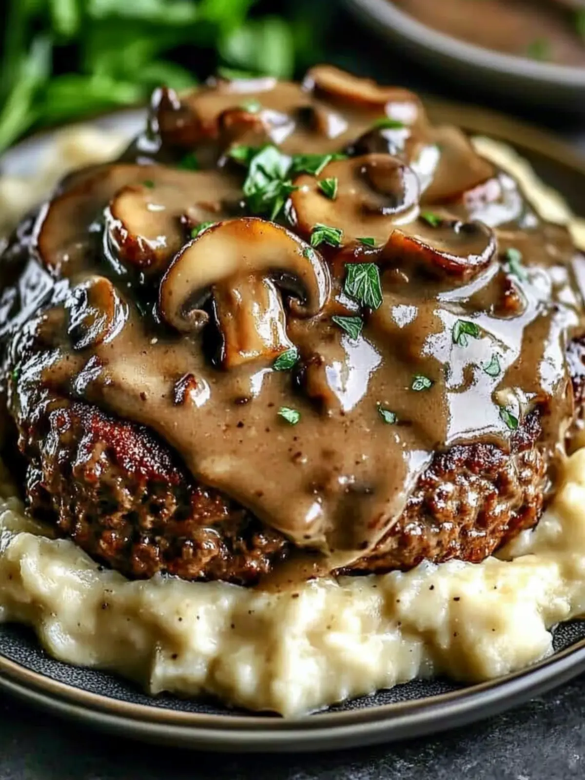 Irresistible Salisbury Steak Meatloaf with Mushroom Gravy 2 Perfectly Seared Salisbury Steak Meatloaf with Velvety Mushroom Gravy