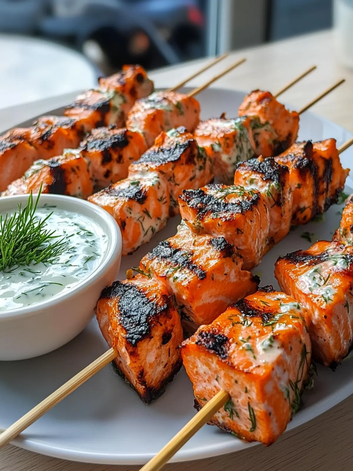 Grilled Salmon Skewers with Creamy Dill Yogurt Sauce