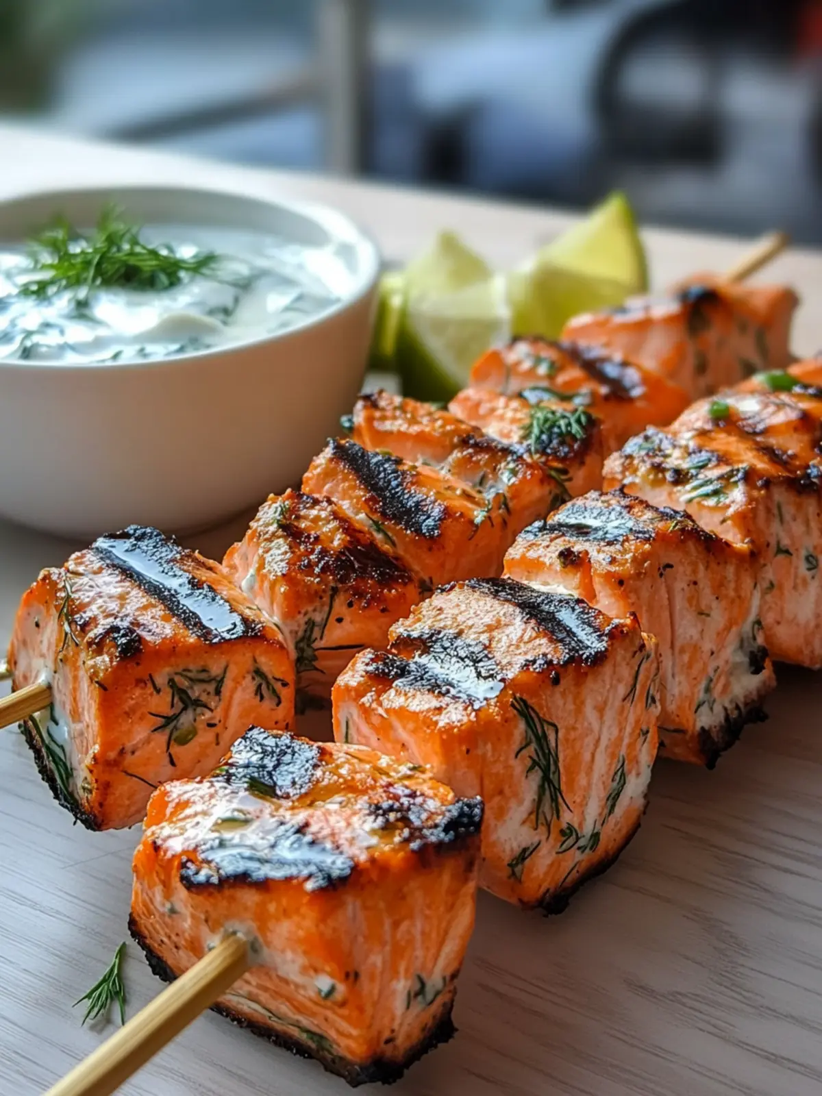 Grilled Salmon Skewers with Creamy Dill Yogurt Sauce