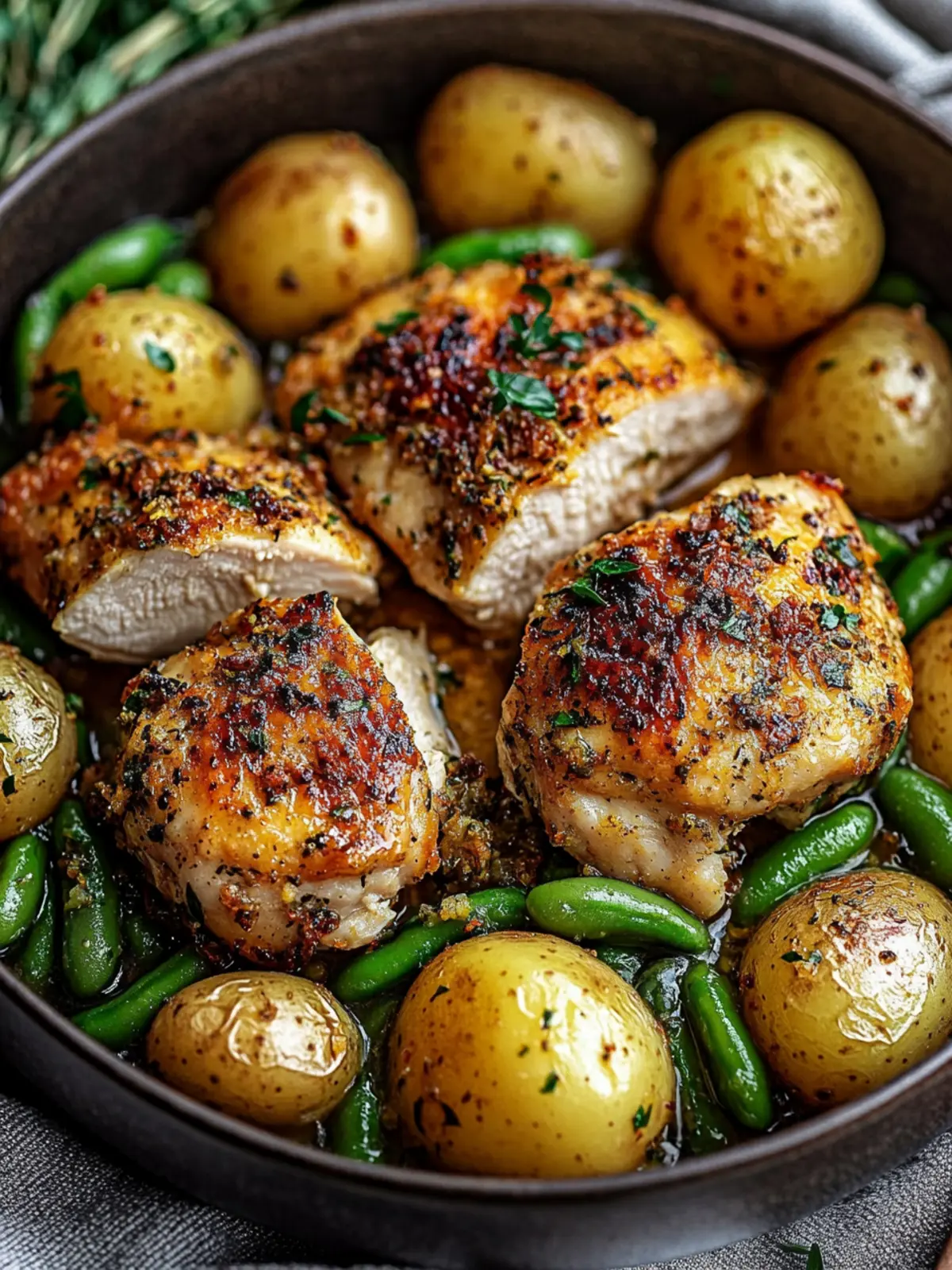 Savory Herb Chicken with Green Beans & Garlic Potatoes Delight 2 HERB CHICKEN WITH GREEN BEANS & GARLIC POTATOES