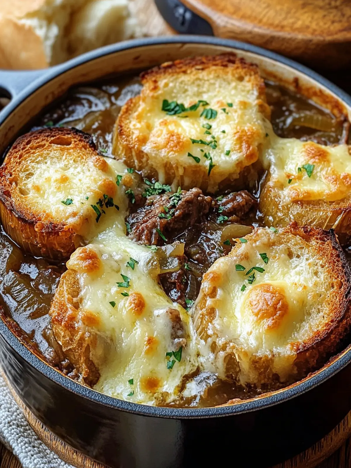 Savory French Onion Beef Stew with Cheesy Bread Bliss 4 French Onion Beef Stew with Cheesy Bread Topping