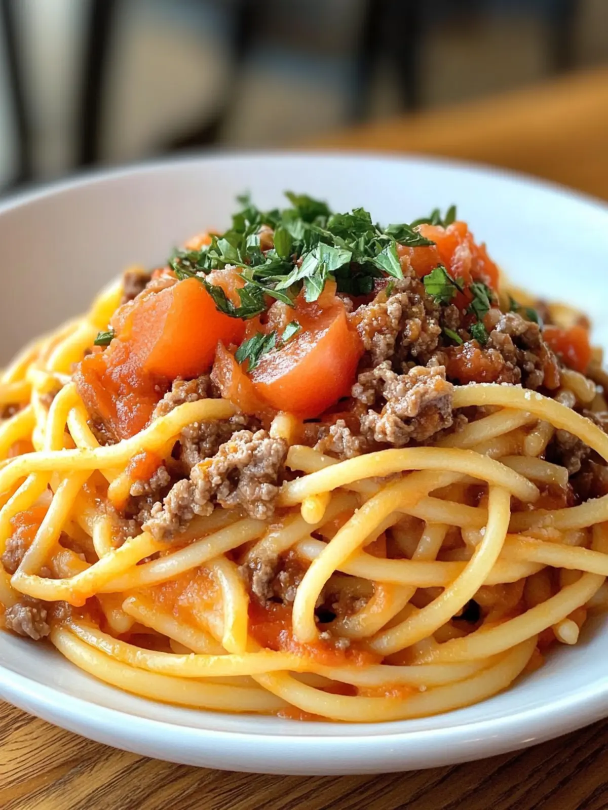 SPAGHETTI WITH CHEESY BEEF AND TOMATO TOPPING