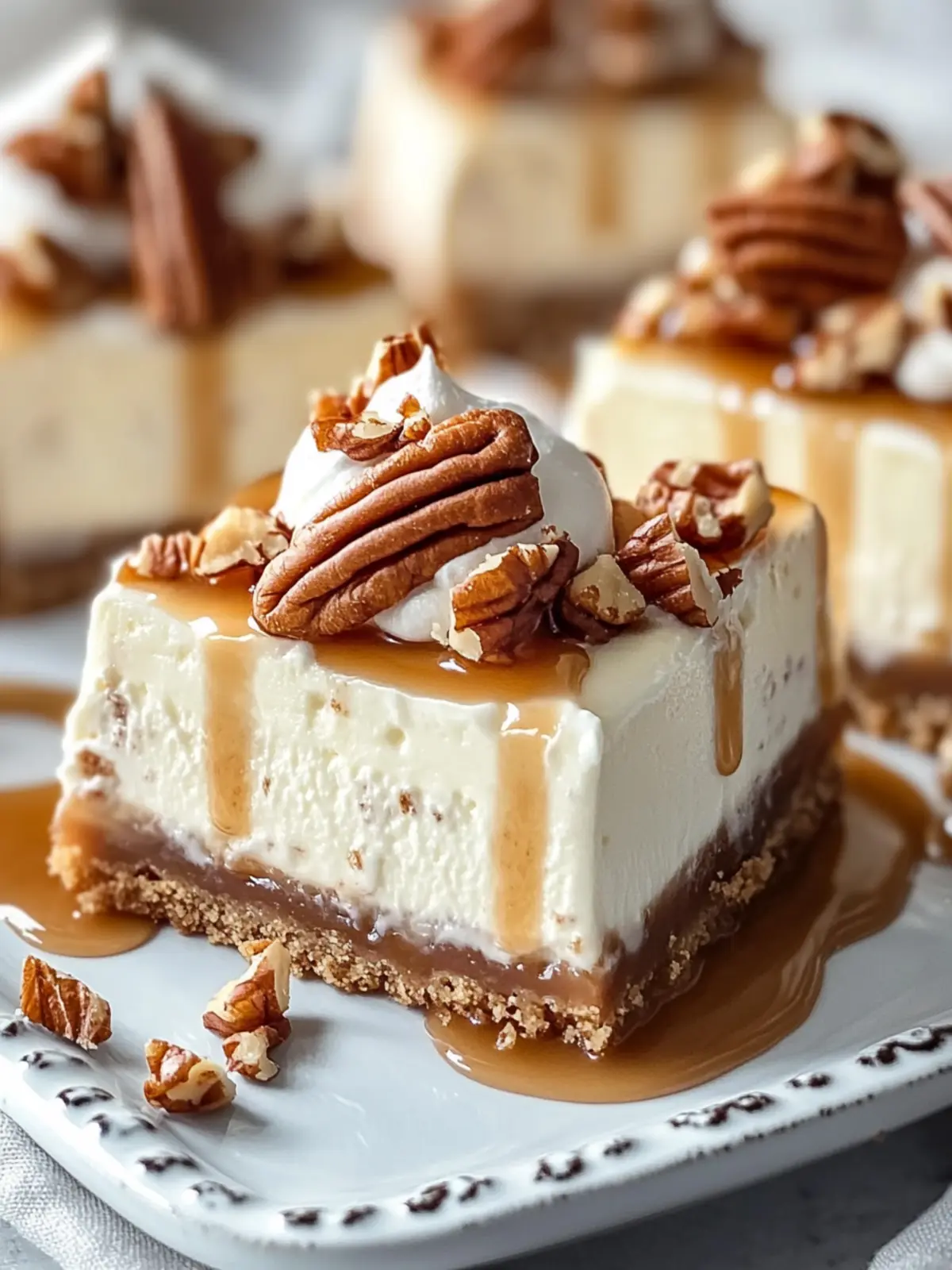 Indulge in Caramel Pecan Cheesecake Bars with Whipped Cream 2 CARAMEL PECAN CHEESECAKE BARS WITH WHIPPED CREAM DRIZZLE