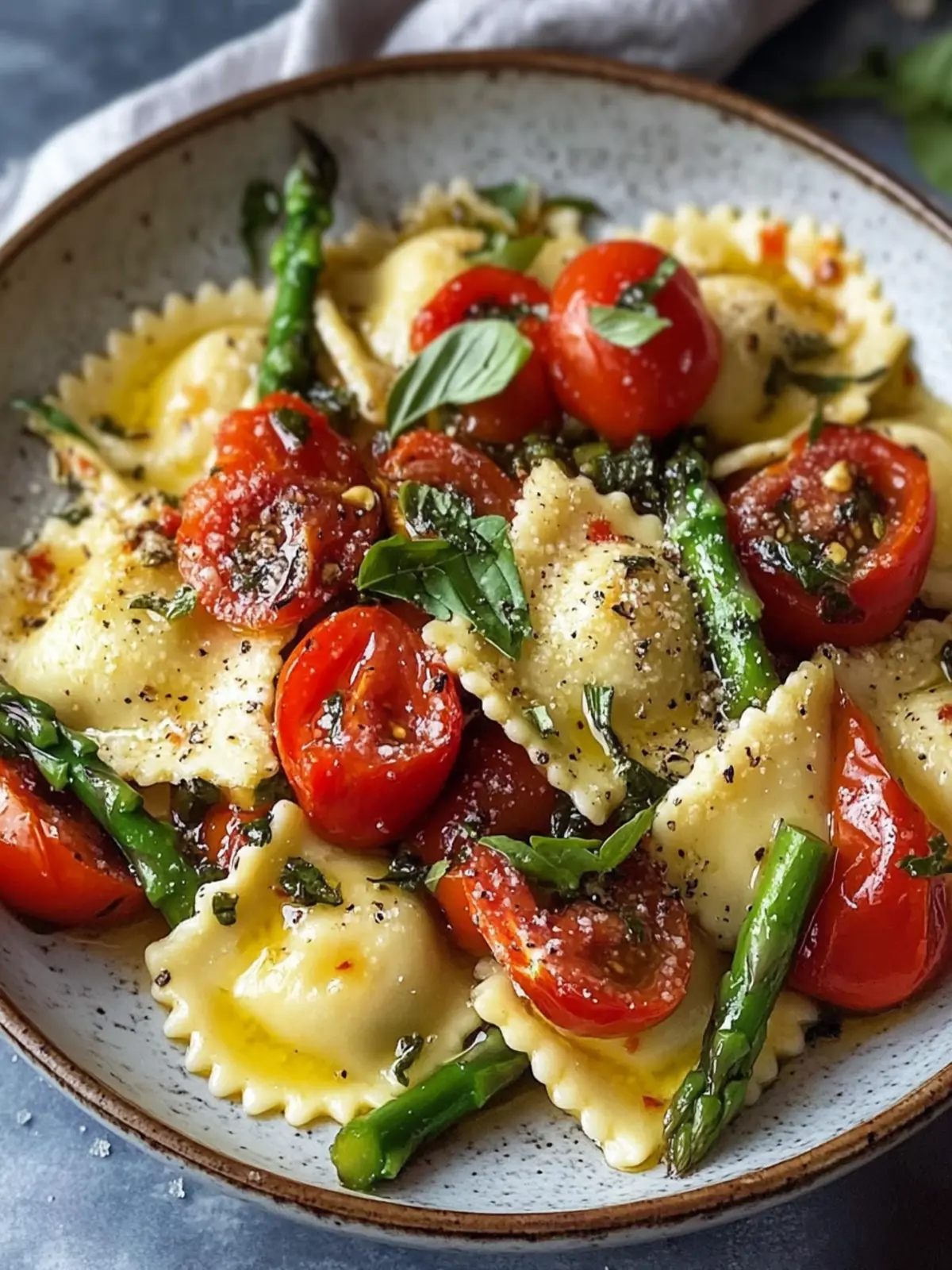 Ravioli with Tomatoes, Asparagus, Garlic, and Herbs
