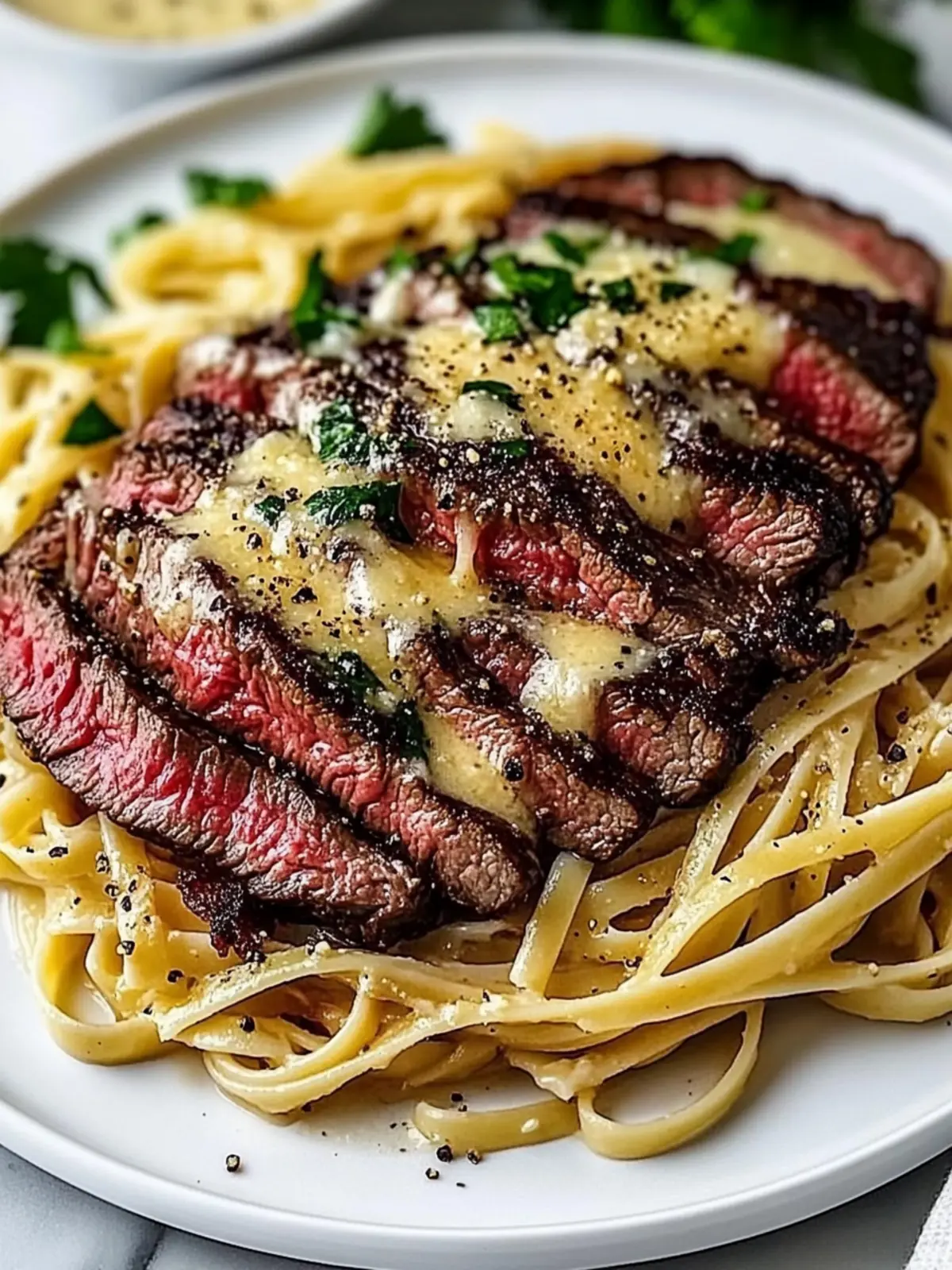 Juicy Garlic Butter Steak Pasta with Parmesan Linguine