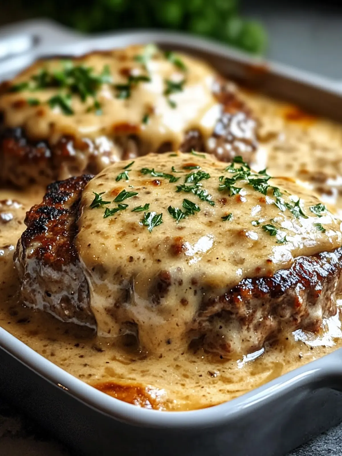 Savory Amish Hamburger Steak Bake with Creamy Pepper Gravy 2 AMISH HAMBURGER STEAK BAKE WITH CREAMY PEPPER GRAVY