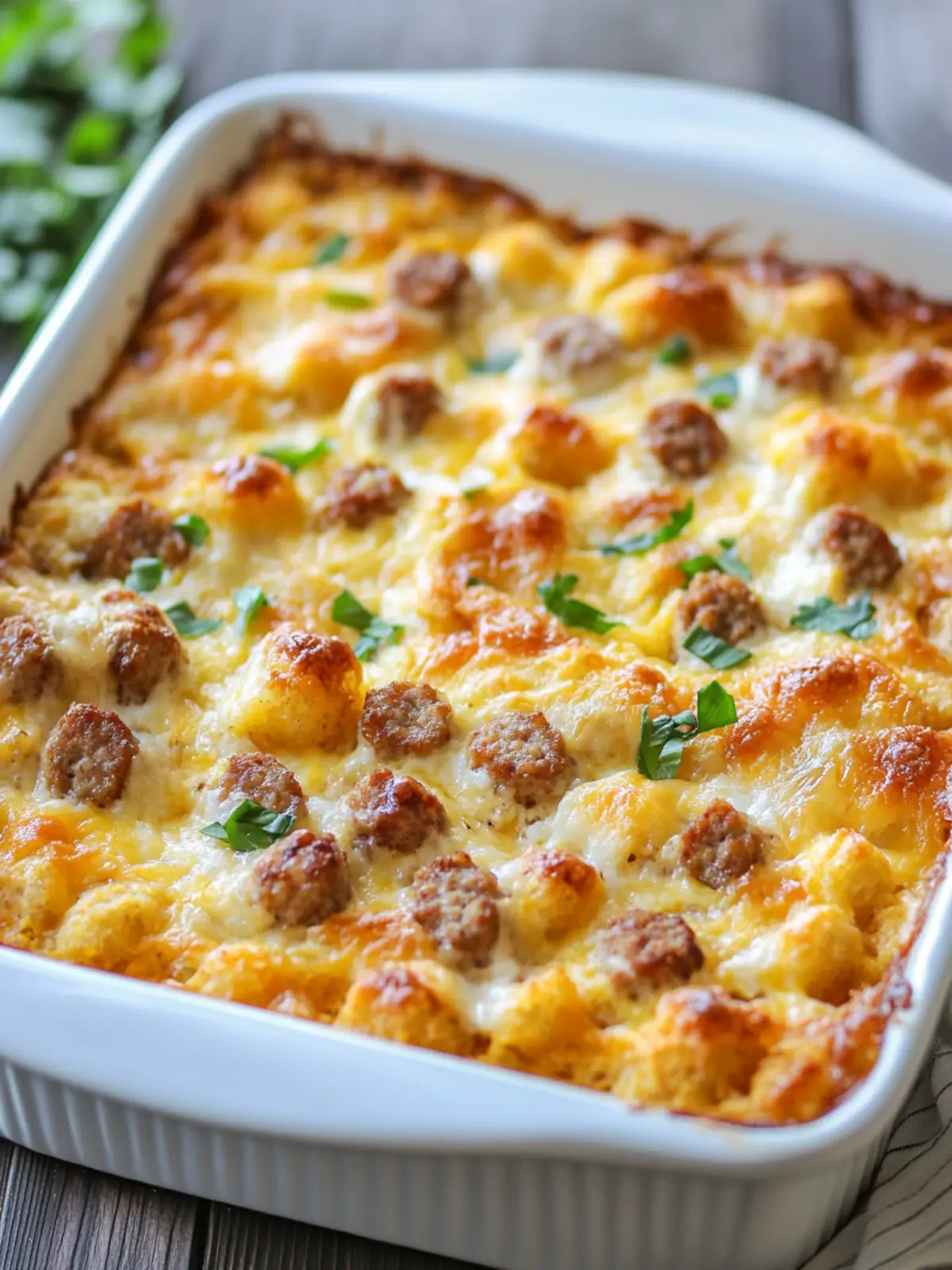 Cheesy Sausage & Tater Tot Breakfast Bake for Weekend Bliss 3 Cheesy Sausage & Tater Tot Breakfast Bake with Creamy Layers
