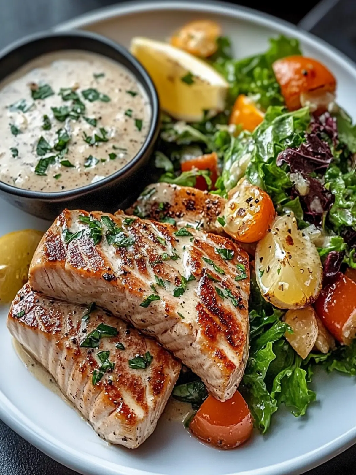 Tuna Steaks with Creamy Garlic Sauce & Salad