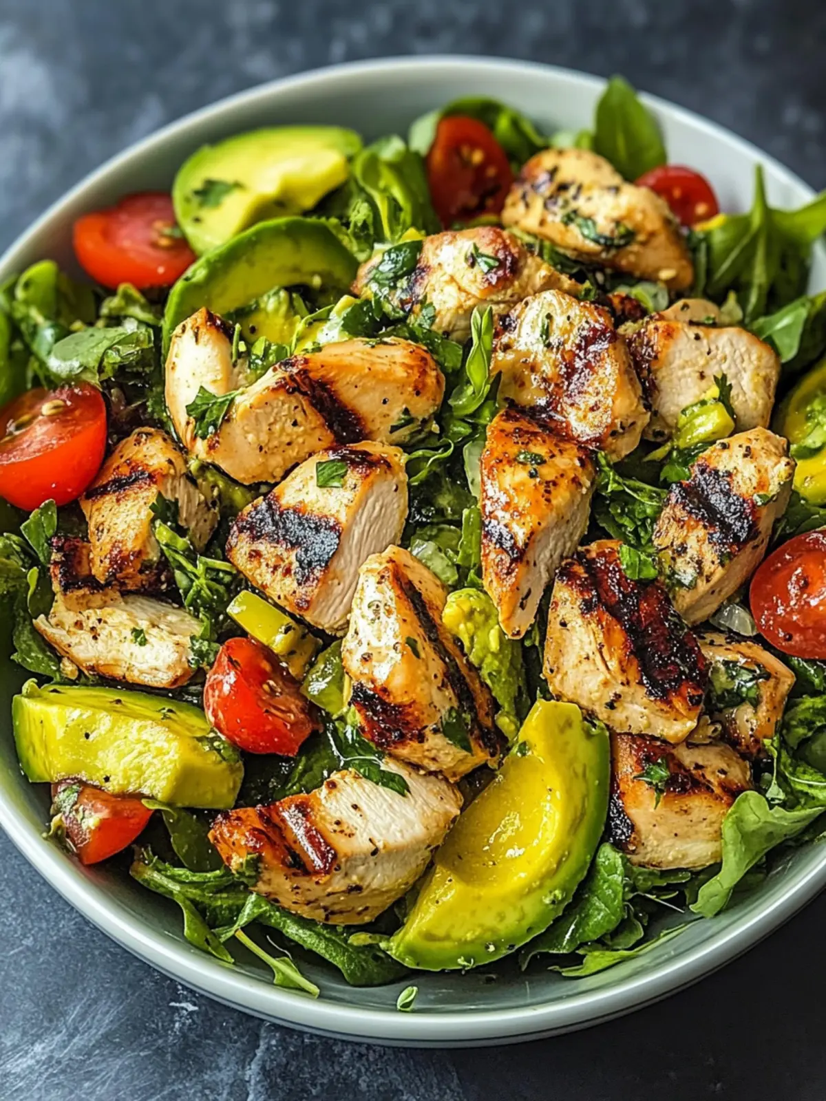 GRILLED CHICKEN AVOCADO SALAD WITH CILANTRO LIME DRESSING