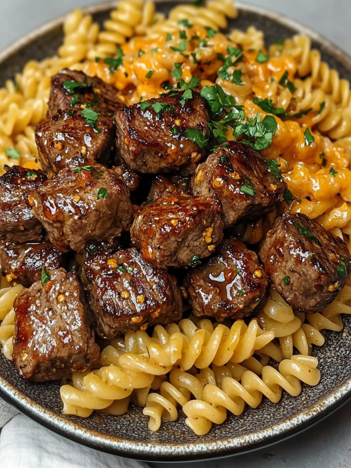 Honey Garlic Velveeta Steak Bites with Cheesy Twisted Pasta