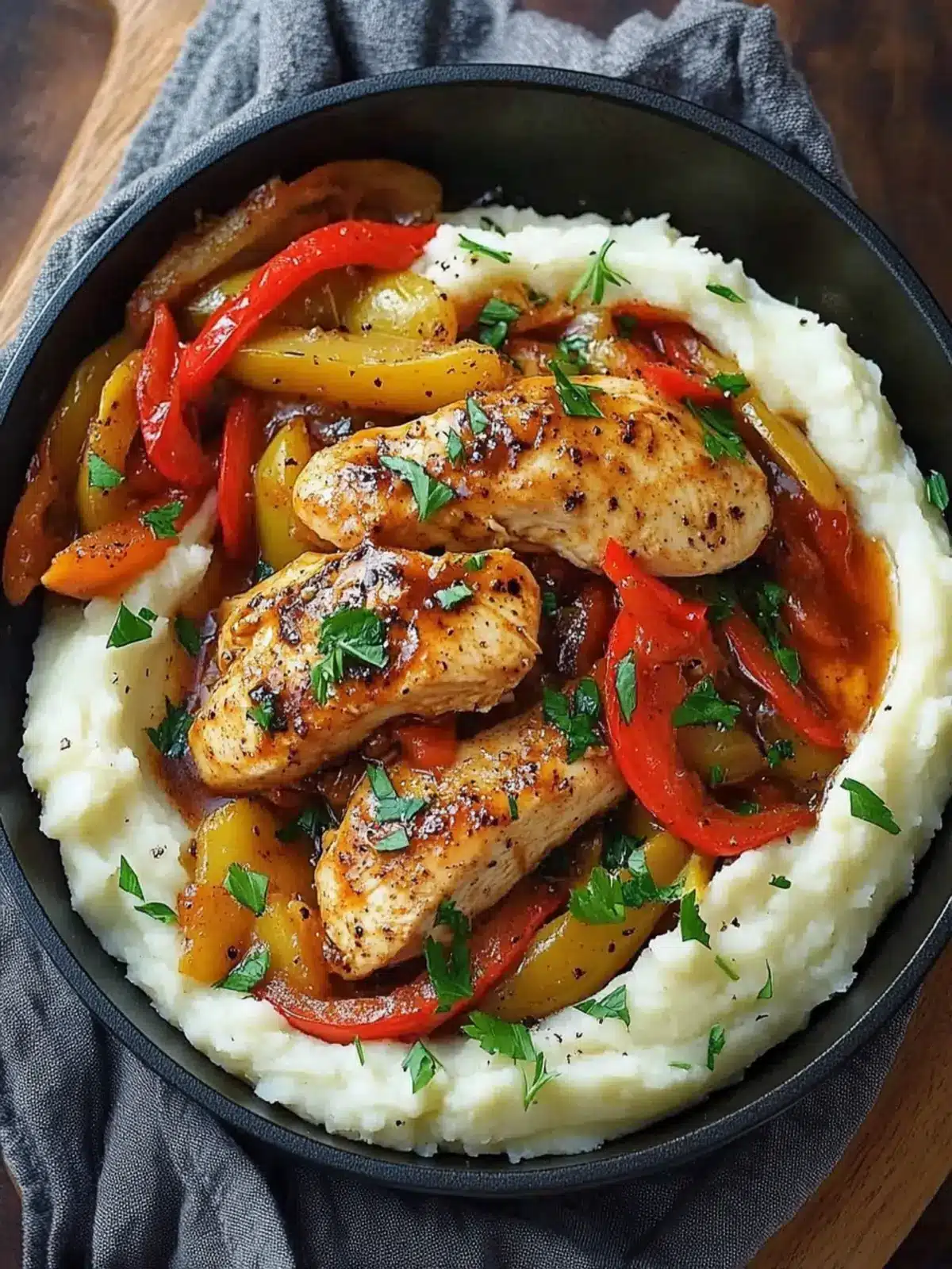 Spicy Garlic Chicken & Pepper Skillet with Creamy Mashed Potatoes