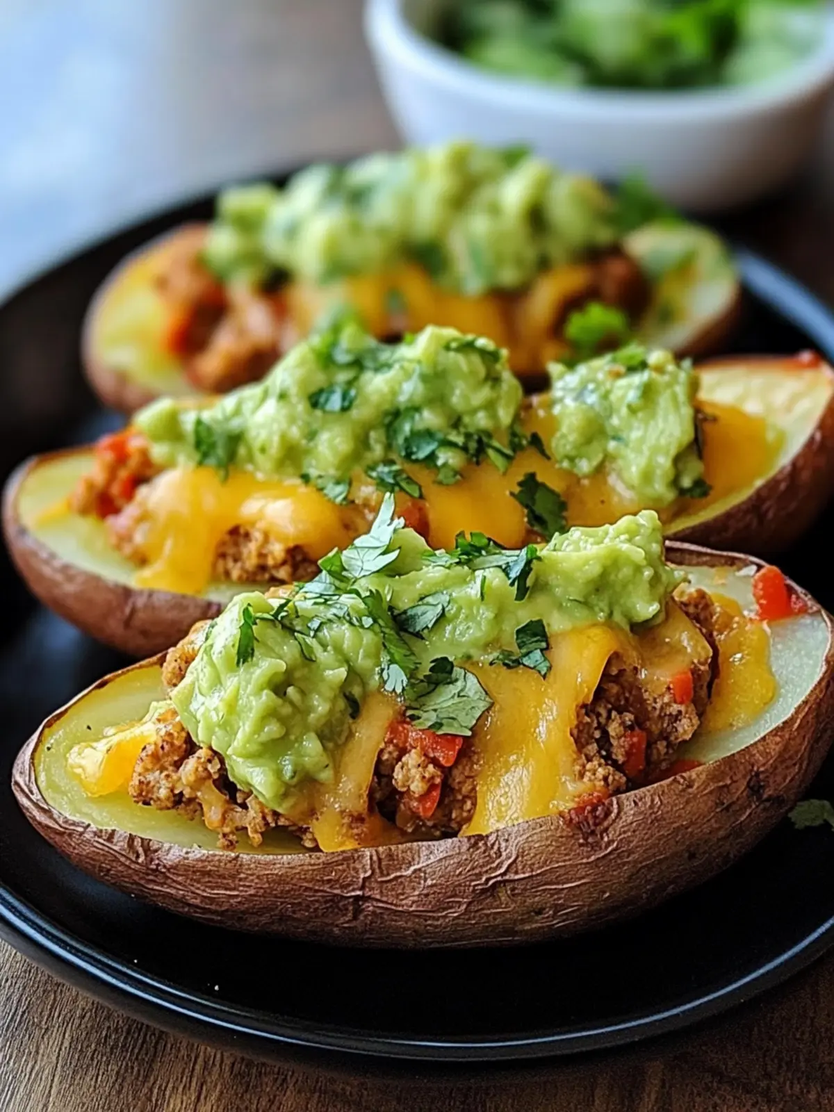 Cheesy Taco Twice-Baked Potatoes with Avocado Lime Delight 2 CHEESY TACO TWICE-BAKED POTATOES WITH AVOCADO LIME DRESSING