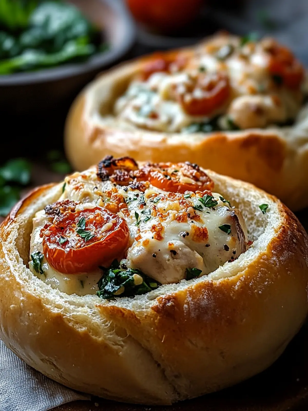 Heavenly Bread Bowls Filled with Creamy Garlic-Parmesan Chicken 2 BREAD BOWLS FILLED WITH CREAMY GARLIC PARMESAN CHICKEN, SPINACH & SUN DRIED TOMATOES